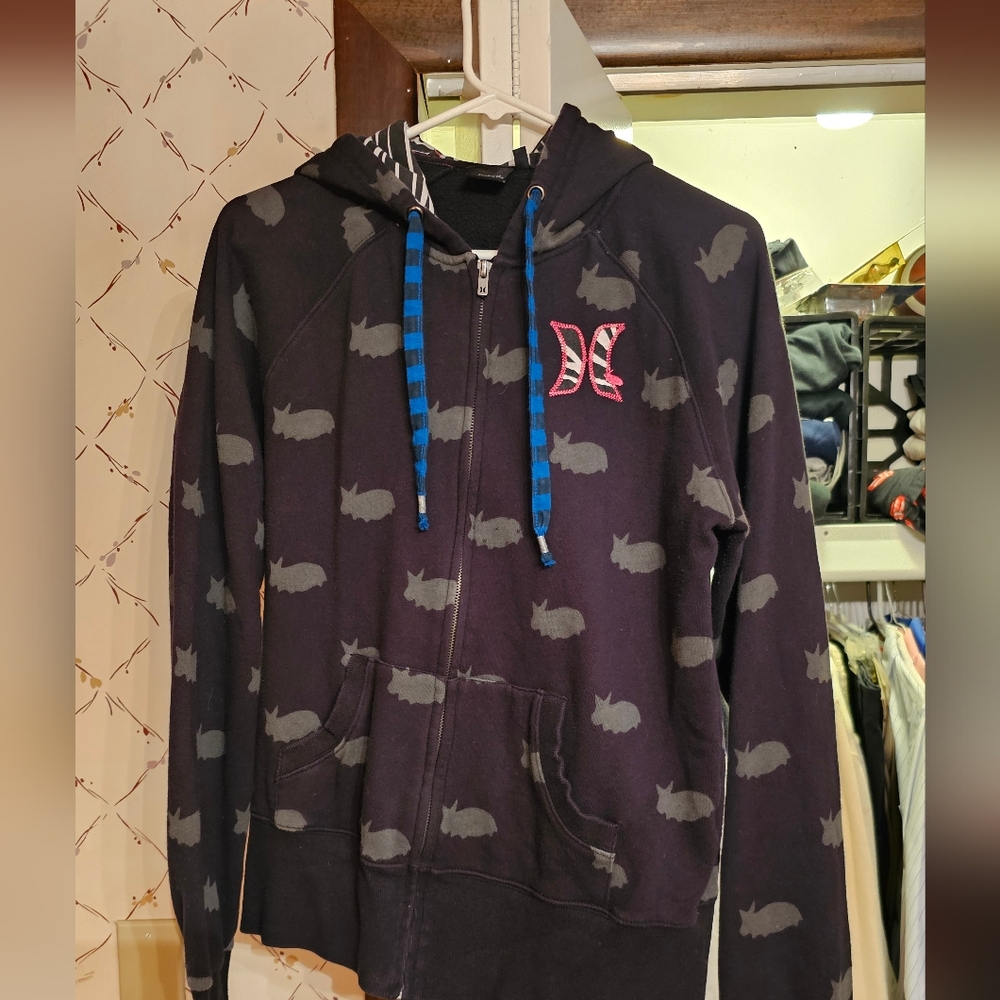 Vintage Hurley Black and Gray Zip-Up Hoodie